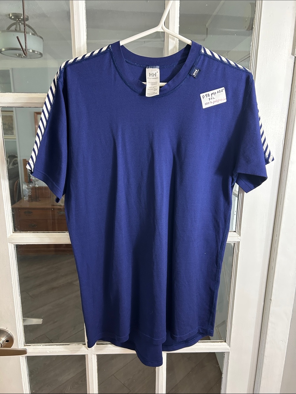 O58. Hansen Blue Short-Sleeve Crew Shirt with Striped Shoulder Detail
